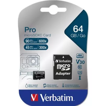   Memóriakártya, microSDXC, 64GB, CL10/U3, 90/45 MB/s, adapter, VERBATIM "PRO"
