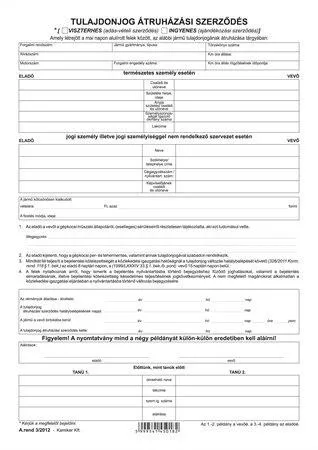 Nyomtatvány, tulajdonjog átruházási szerződés (adásvét.szer. gk), 4 példány,  A4,VICTORIA PAPER "A.REND 3"
