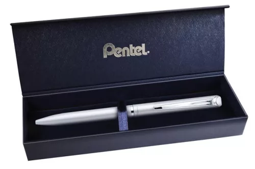 Zseléstoll, 0,35 mm, rotációs, ezüst tolltest, PENTEL "EnerGel BL-2007" fekete, ajándék kék betéttel