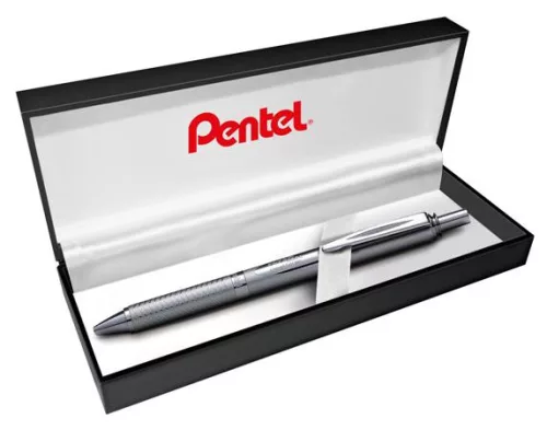 Zseléstoll, 0,35 mm, nyomógombos, ezüst tolltest, PENTEL "EnerGel BL-407" fekete, ajándék kék tollbetéttel