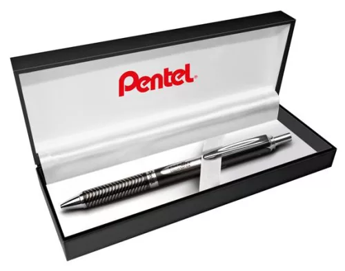 Zseléstoll, 0,35 mm, nyomógombos, fekete tolltest, PENTEL "EnerGel BL-407" fekete, ajándék kék tollbetéttel