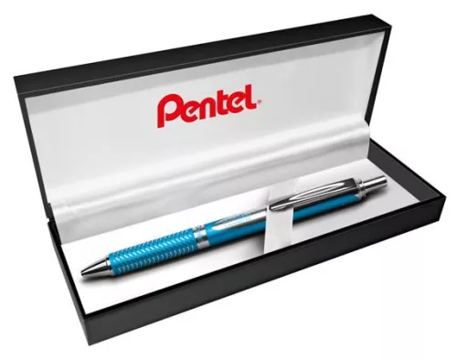 Zseléstoll, 0,35 mm, nyomógombos, égszínkék tolltest, PENTEL "EnerGel BL-407" fekete, ajándék kék tollbetéttel