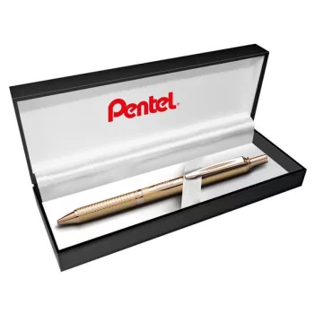   Zseléstoll, 0,35 mm, nyomógombos, arany tolltest, PENTEL "EnerGel BL-407" fekete, ajándék kék tollbetéttel
