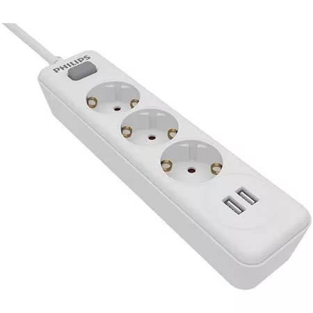Elosztósor, 3 csatlakozóaljzat, 2xUSB-A, 2 m kábel, PHILIPS, fehér