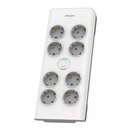 Elosztósor, 8 csatlakozóaljzat, túlfeszültség-védelemmel, 2 m kábel, PHILIPS, fehér