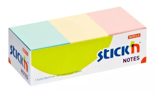 Öntapadó jegyzettömb, 38x51 mm, 12x100 lap, STICK N, pasztell színek