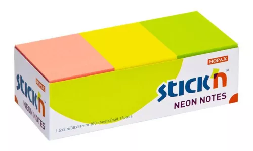 Öntapadó jegyzettömb, 38x51 mm, 12x100 lap, STICK N, neon színek