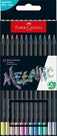Színes ceruza készlet, háromszögletű, FABER-CASTELL "Black Edition",  12 különböző metál szín