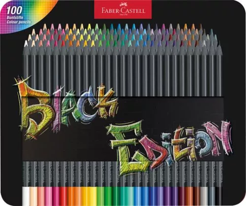 Színes ceruza készlet, háromszögletű, fémdobozban, FABER-CASTELL "Black Edition", 100 különböző szín