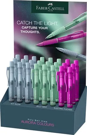 Golyóstoll display, 1 mm, XB, nyomógombos, FABER-CASTELL "Poly Ball View Aurora", vegyes színek