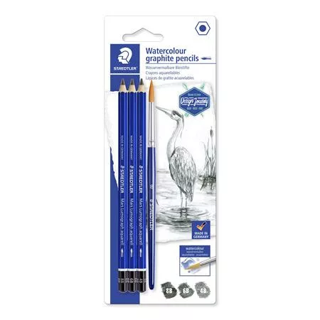 Grafitceruza készlet, akvarell, ecsettel, hatszögletű, STAEDTLER „Mars® Lumograph® aquarell 100A”, 3 különböző keménység