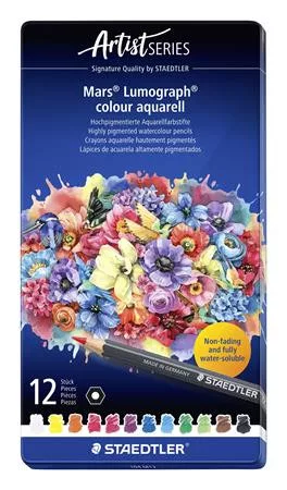 Akvarell színes ceruza készlet, hatszögletű, fémdobozos, STAEDTLER "Mars® Lumograph® 104", 12 különböző szín