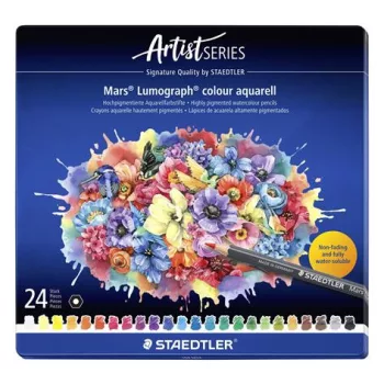   Akvarell színes ceruza készlet, hatszögletű, fémdobozos, STAEDTLER "Mars® Lumograph® 104", 24 különböző szín