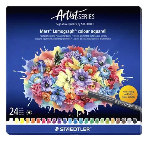Akvarell színes ceruza készlet, hatszögletű, fémdobozos, STAEDTLER "Mars® Lumograph® 104", 24 különböző szín
