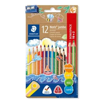   Színes ceruza készlet, háromszögletű, vastag, hegyezővel, STAEDTLER "Noris® Jumbo 128", 10+2 különböző szín