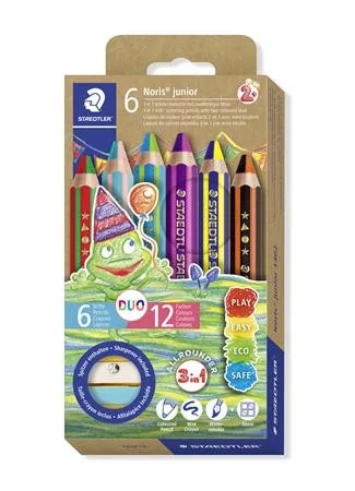 Színes ceruza készlet, duo színű, hegyezővel, STAEDTLER "Noris® junior 140", 6 különböző szín