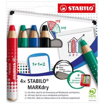  Táblaceruza készlet, fehértáblához, flipchartpapírhoz kúpos, STABILO "MARKdry", 4 féle szín törlővel és hegyezővel