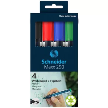   Tábla- és flipchart marker készlet, 2-3 mm, kúpos, SCHNEIDER "Maxx 290", 4 különböző szín