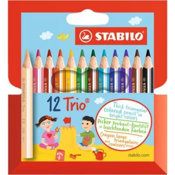   Színes ceruza készlet, háromszögletű, vastag, rövid, STABILO "Trio", 12 különböző szín