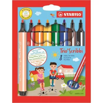   Filctoll készlet, 1,5-2 mm, rugós hegy, STABILO "Trio Scribbi", 8 különböző szín