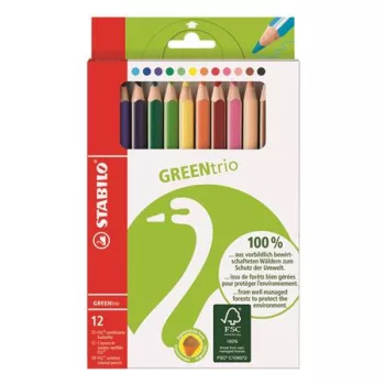   Színes ceruza készlet, háromszögletű, vastag, STABILO "GreenTrio", 12 különböző szín