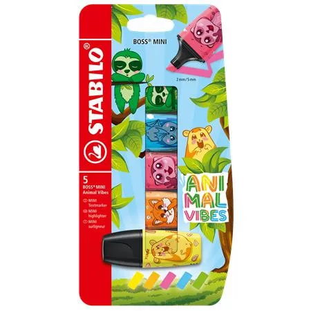 Szövegkiemelő készlet, 2-5 mm, STABILO "Boss Mini Animal Vibes", 5 különböző szín