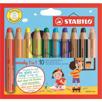   Színes ceruza készlet, kerek, vastag, STABILO "Woody 3 in 1", 10 különböző szín