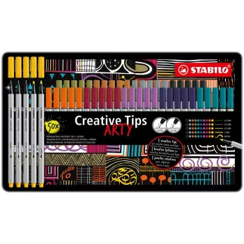   Tűfilc készlet, fém doboz, STABILO "Creative Tips ARTY", 10 különböző szín, 5 különböző vastagság