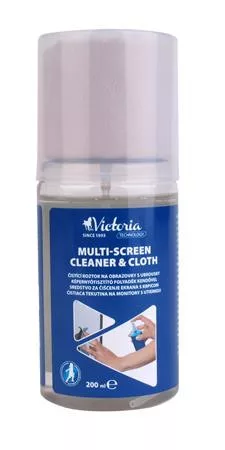 Tisztítófolyadék, képernyőhöz, pumpás, kendővel, 200 ml, VICTORIA TECHNOLOGY