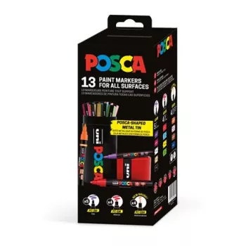   Dekormarker készlet, Posca fém dobozos, UNI "Posca", 13 különböző szín