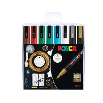   Dekormarker készlet, 0,9-1,3 mm, UNI "Posca PC-3M Holiday", 8 különböző szín