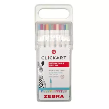   Filctoll készlet, nyomógombos, 0,6 mm, ZEBRA "Clickart" 12 különböző pasztell szín